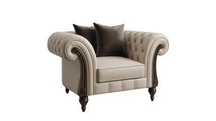 Elegant tufted armchair with dark cushions isolated on transparent background