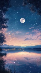 Fototapeta premium Celestial Serenity: Full Moon Illuminates Starry Twilight Sky over Reflective Lake and Distant Mountains