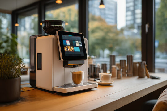Modern coffee machine with touchscreen display brews espresso in a stylish cafe setting amidst urban surroundings