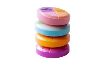 Multicolor stack of pharmaceutical vitamin tablets showcasing various shapes and vibrant hues in a low resolution detail