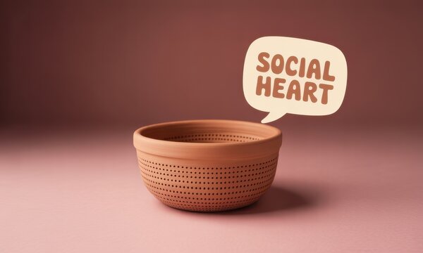 Terracotta Bowl with Perforations and "Social Heart" Speech Bubble on Dusty Rose Background