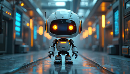 Adorable cartoon robot with glowing orange eyes stands in futuristic hallway. White, gray robot features sleek design, antennas, glowing accents. Background shows blurred tech environment with