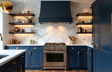 Stylish modern kitchen features navy blue cabinets with elegant copper accents. White marble countertops contrast with dark wood shelves, warm ambient lighting. Stainless steel range, oven central.