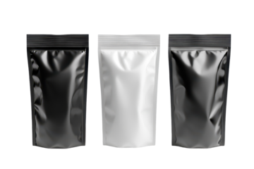 Mockup of blank stand up bags in black and white colors showcasing design possibilities for packaging solutions available in various sizes