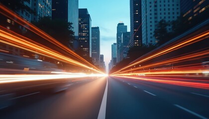 Abstract view of city traffic at night. Streaking headlights and taillights create light trails on a road lined with skyscrapers. Shows motion, speed, and urban nightlife.