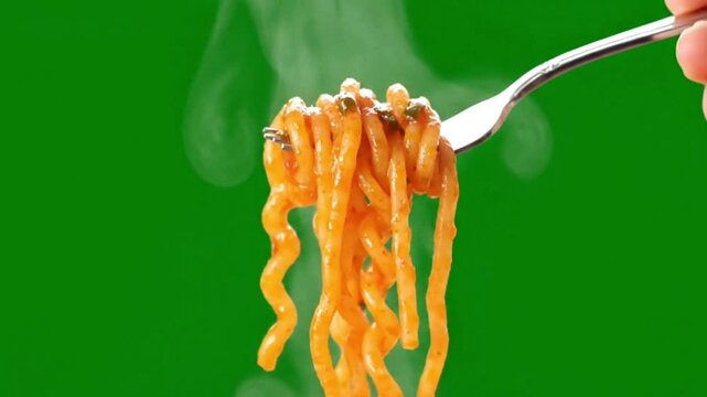 Delicious pasta twirling on a fork with steam rising against a green screen background