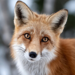 Obraz premium Close-up of a red fox in a snowy forest.