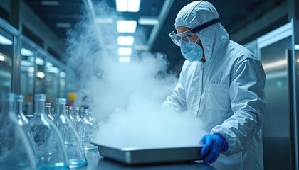 Cryogenics lab technician in protective suit, mask, goggles handles liquid nitrogen vapors. Rows of lab flasks in foreground. Science research, advanced technology, medical breakthrough, scientific