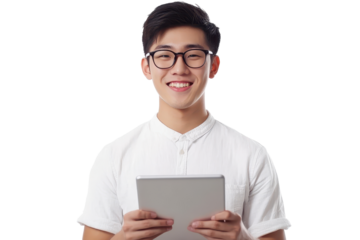 Young handsome Asian man wearing glasses, smiling and holding a tablet in a bright and simple setting showcasing joy and enthusiasm