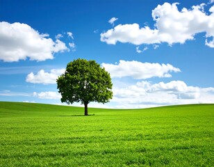 Lush green field with a solitary tree under a vibrant blue sky