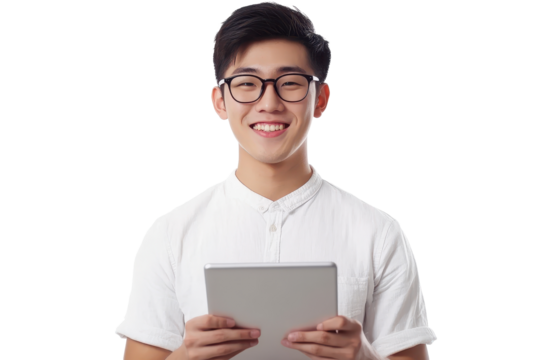 Young handsome Asian man wearing glasses, smiling and holding a tablet in a bright and simple setting showcasing joy and enthusiasm - Powered by Adobe