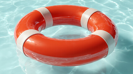 High-quality realistic life preserver floating on clear water, isolated on white background, professional product photography style, sharp focus, clean composition, vibrant colors, studio lighting