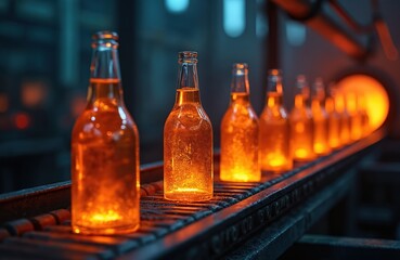 Glass bottles glow orange on a factory conveyor belt. A line of molten glass containers moves through a manufacturing plant. Industrial production process with automated machinery in motion.