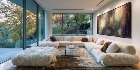 Open living space with minimalist design, expansive windows, and bold modern artwork