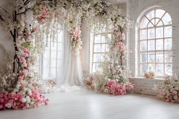 Elegant floral maternity backdrop for wedding photographs set in a beautifully decorated indoor space with soft natural light