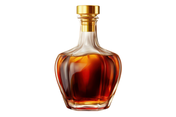 Elegant bottle of brandy with a golden cap displayed against a neutral background highlighting its rich amber color and intricate glass design