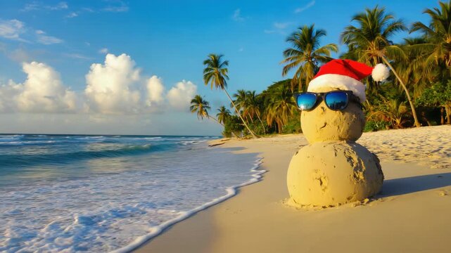 A sandman figure on the beach decorated for Christmas with a Santa Claus hat and sunglasses.