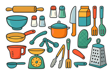 Obraz premium Set of colorful kitchen utensils for cooking and baking. Vector cartoon icons. Food preparation equipment, rolling pin, pan, pot, grater, scale, knife. Isolated flat illustration.