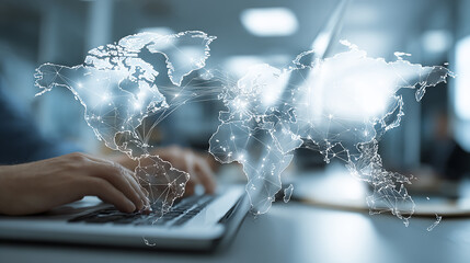 High-quality world map featuring major global business hubs connected by digital pins or lines, integrated AI processor chip graphics overlaying the map
