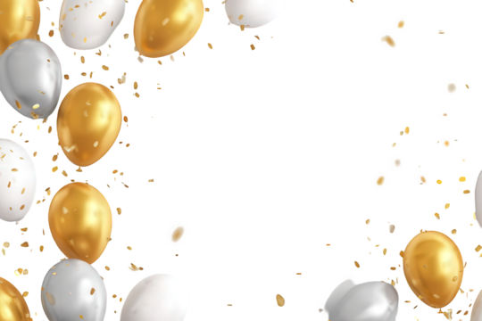 Gold And Silver Balloons With Confetti On Black Background