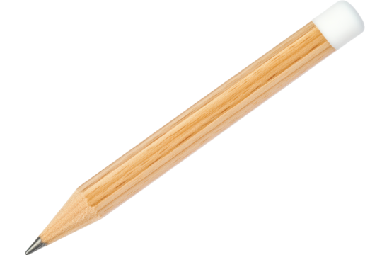 Natural wood pencil with white eraser resting horizontally, showcasing its smooth finish and sharpened tip, ideal for writing and drawing in a creative workspace setting