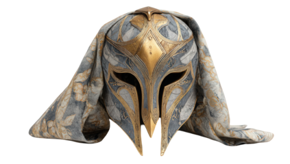 Ancient Gold and Gray Ornate Helmet with Fabric Drape