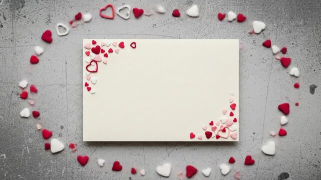 A cream-colored card with a border of small red and white hearts, arranged in a circular pattern.  Heart-shaped candies decorate the corners, creating a festive Valentine's Day or love-themed design