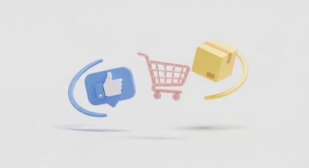 3D Rendered Social Media Like and Shopping Cart with Parcel
