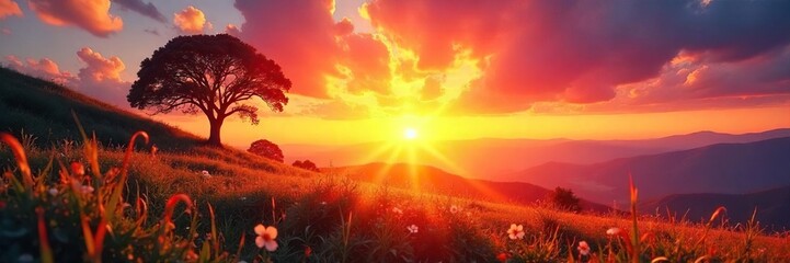 A vibrant sunrise paints the sky with brilliant hues, illuminating a serene landscape The light is overwhelmingly bright and full of hope, promising a beautiful day ahead , positive, dream