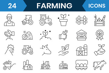 Farming icon set. Line icon of organic farm product, agriculture, mill, harvesting, vegetables, wheat, milk and egg. Vector illustration.