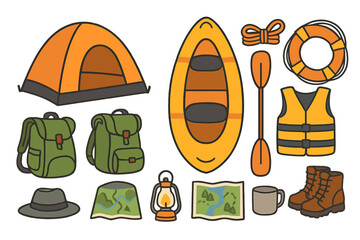 Vector set of camping and hiking equipment for outdoor adventure. Cartoon icons of tent, kayak, backpack, boots, map, lantern for travel, tourism and leisure concept.