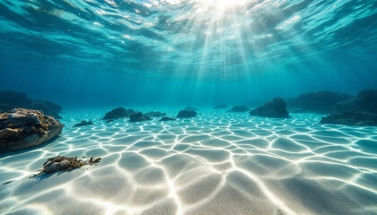 Underwater shot of the ocean floor with sunlight patterns.
