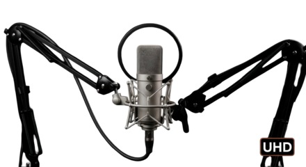 Studio microphone on a boom arm against a black background offering crystal clear sound capturing