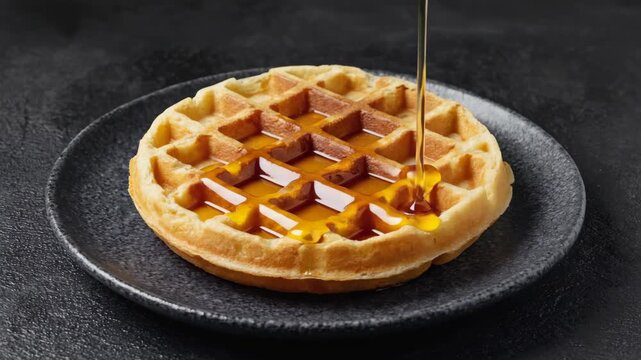 Sweet and crispy waffle with a dollop of maple syrup ready to be enjoyed as a breakfast or dessert. The golden-brown color suggests a perfect cook.