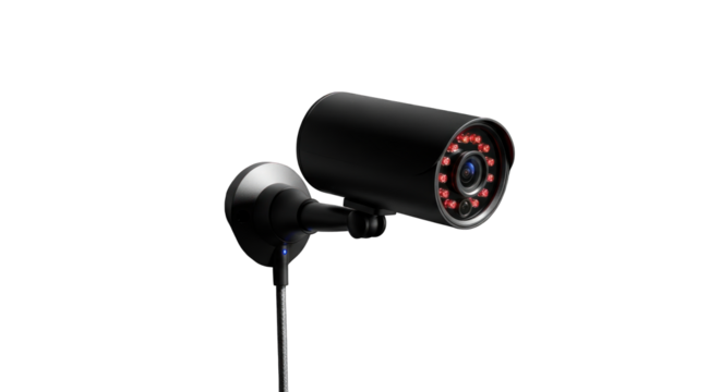 Sleek black surveillance camera isolated on a stark black background for security and protection