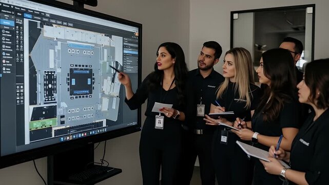 Group Of Professionals Examining Large Screen Display In Modern Office Setting