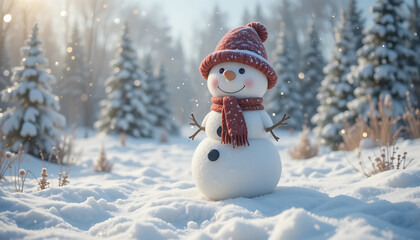 Snowman standing on snowy ground in winter holiday scene