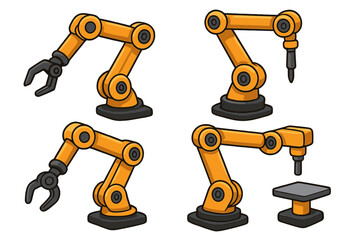 Set of industrial robotic arms for manufacturing and factory automation. Vector illustration of mechanical manipulators, machinery, and technology for assembly line production.