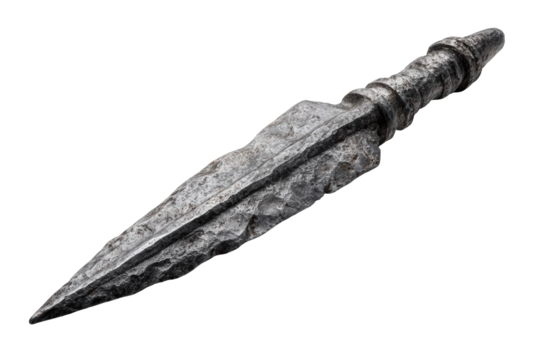 Ancient Grey Metal Arrowhead on Black Background