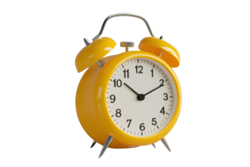 Bright yellow alarm clock with a white face and bold black numbers resting on a smooth gray surface, perfect for keeping time in a modern setting