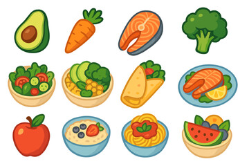 Healthy food icon set. Vector cartoon collection of nutrition and diet graphics. Balanced meal ingredients like salmon, avocado, fruit and vegetables. Flat modern style.