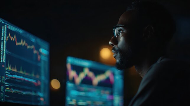 Serious trader analyzing financial data on computer screens in dark office