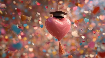 A heart in a graduation cap, floating on a confetti-scattered blur, achievement and celebration concept
