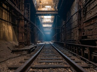 Naklejka premium Abandoned Industrial Mine Shaft With Rusted Railway Tracks