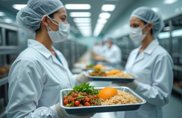 Hospital workers in protective gear prepare healthy meals on trays for patient distribution. Food service staff carefully assemble balanced lunches, dinners, emphasizing freshness, variety in clean,