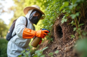 Pro pest control expert in protective suit sprays wasp nest in sunny garden. Technician uses tool for insect removal. Summer maintenance of residential property with flowering plants and greenery.