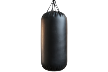 Heavy bag for boxing training suspended in mid-air with a transparent background creating a clear visual element for fitness enthusiasts and athletes