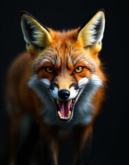 Obraz premium Close-up portrait of aggressive red fox snarling with bared teeth. Wild animal, known for fierce demeanor, sharp features, displays intense orange eyes against dark background. Ideal for illustrating