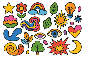 Retro groovy hippie stickers set. Collection of 70s cartoon psychedelic elements. Abstract nature icons. Love, peace, flower power symbols. Trippy comic vector illustration.