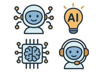 Artificial intelligence icon set. AI concept with cute robot bot, chatbot assistant, brain cpu processor, idea lightbulb. Machine learning, neural network, future tech, support.